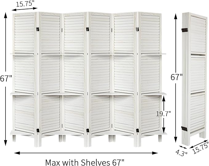 Room Divider with Shelves, Privacy Screen, Room Dividers and Folding Privacy Screens, 6 Panel Wood Temporary Wall Partition Separation Separator, White