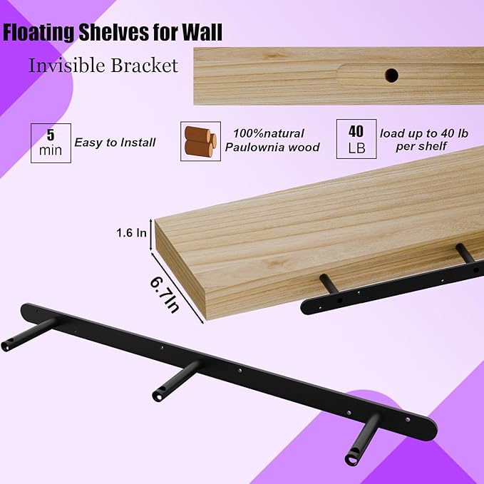 IAE Floating Wall Shelves 36 inch,Bathroom Shelves Wall Mounted,Invisible Shelves Floating Kitchen Shelves,Wooden Wall Shelves with Brackets for Living Room Wall Mounted,Easy Install,Set of 2,Natural
