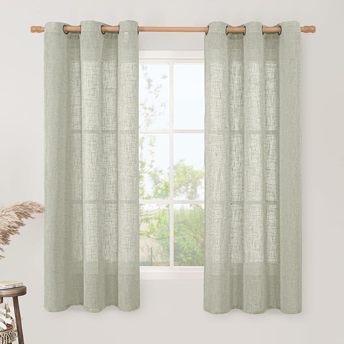 LAMIT Linen Curtains 63 inch Length 2 Panels for Living Room, Light Filtering Panels Bronze Grommet Neutral Textured Drapes for Bedroom/Office, Sage Grey, 34 x 63 Inch