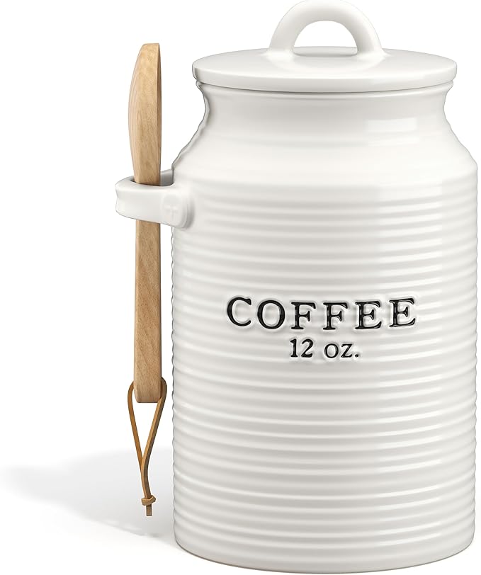Barnyard Designs Coffee Canister for Kitchen Counter, Decorative Ceramic Coffee Container, Rustic Farmhouse Canister Jar, White (Coffee)