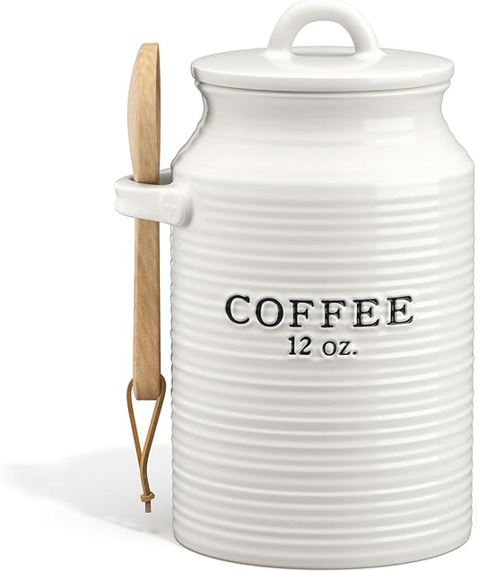 Barnyard Designs Coffee Canister for Kitchen Counter, Decorative Ceramic Coffee Container, Rustic Farmhouse Canister Jar, White (Coffee)