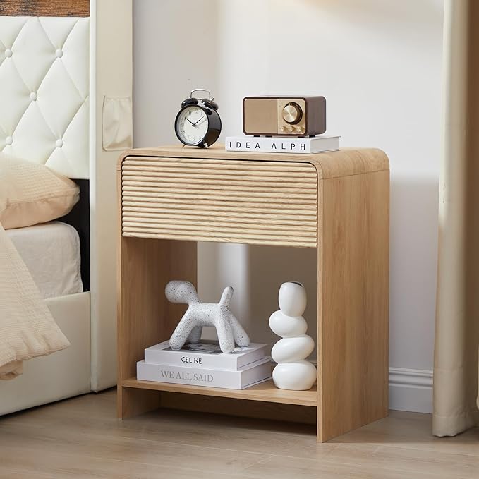 Fluted Nightstand with Charging Station, Mid Century Modern Bed Side Table End Table with Drawer Storage, Large Wooden Night Stands Bedside for Bedroom Living Room Sofa Office, Natural