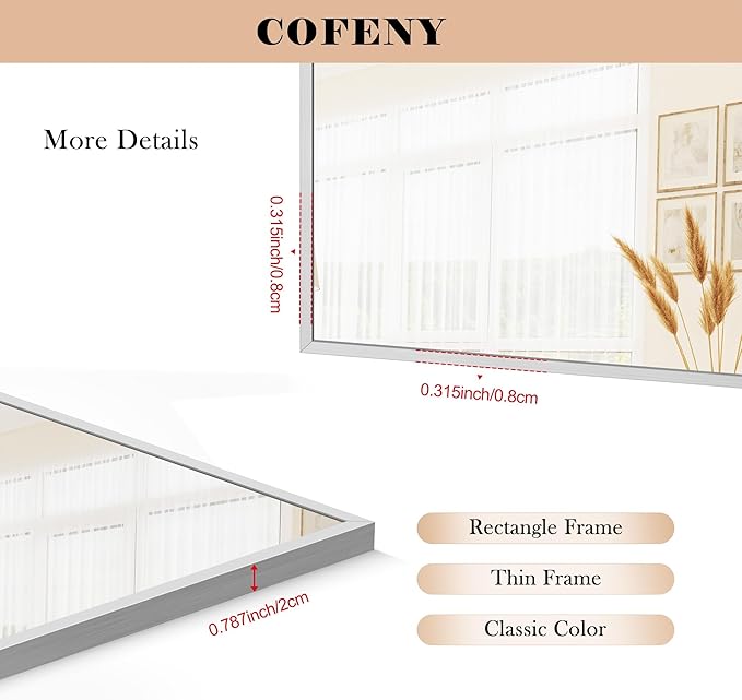 36x72inch Bathroom Mirror, Silver Rectangle Mirror with Thin Metal Frame, Large Rectangular Wall Mirrors for Bathroom, Living Roomm, Hair Salon, Big Farmehouse Mirror Hang Horizontal/Vertical