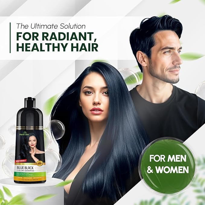 Herbishh Hair Color Shampoo - Magic Long-Lasting Hair Dye for Gray Hair Coloring in Minutes - 500 Ml - 3-In-1 Ammonia-Free Formula (Blue Black)