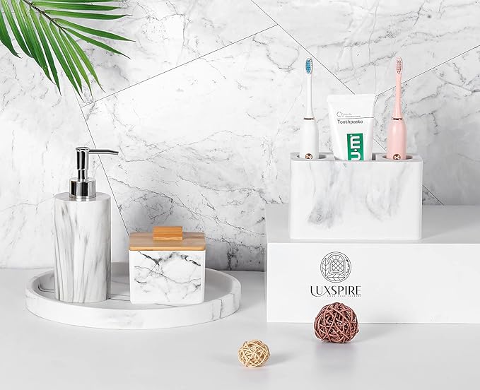 Luxspire Toothbrush Holder, 3 Slots Electric Toothbrush and Toothpaste Holder, Bathroom Countertop Storage Bathroom Accessories Toothbrush Stand for Vanity Counter Organizer Caddy - Gravel White