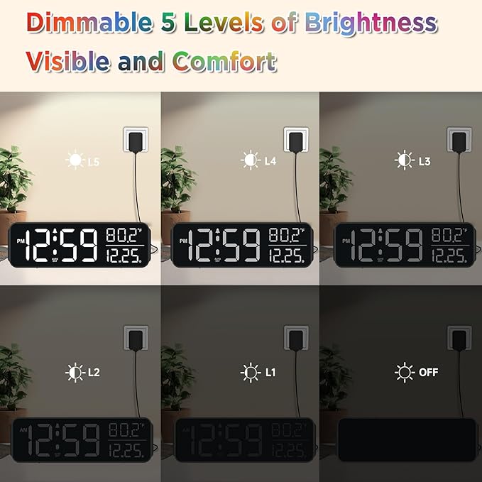 Peakeep Digital Alarm Clock for Bedrooms, Date Day of Week Large Display Numbers 6 Brightness Dimmer, 5 Volume Loud for Heavy Sleepers, 8 RGB Colors Electric Desk Clock Battery Backup, Auto DST