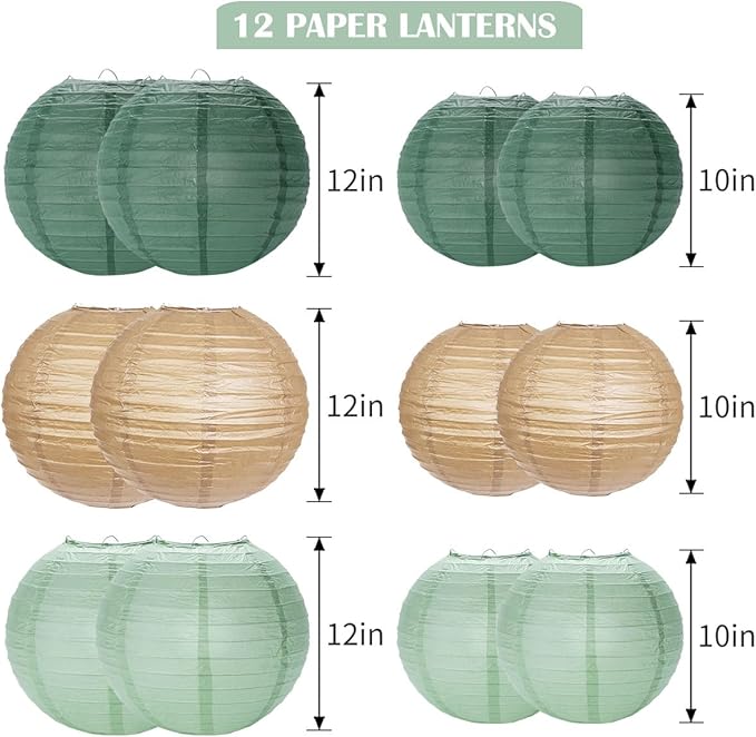 Paper Lanterns Decorative, Sage Green Forest Tan Hanging Round Chinese Lanterns with Lights for Rustic Party Sage Green Birthday Party 12 LED Light Pack of 12