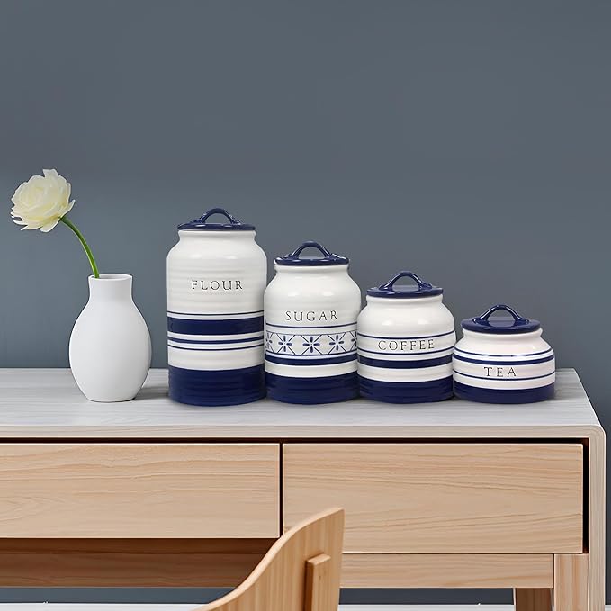 Young's Inc. 4 Pcs Set Blue Lagoon Nautical Ceramic Canisters- Storage Container for Kitchen and Bathroom - Beautiful Home Decor Accent to Store Food, Coffee, Tea, and More - White, Blue