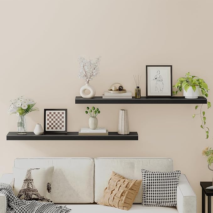 HOOBRO Floating Shelves for Wall, Wall Mounted Shelf Set of 2, 55" Hanging Shelf with Invisible Brackets, for Wall in Bathroom, Bedroom, Toilet, Kitchen, Living Room, Office, Black BK140BJP201