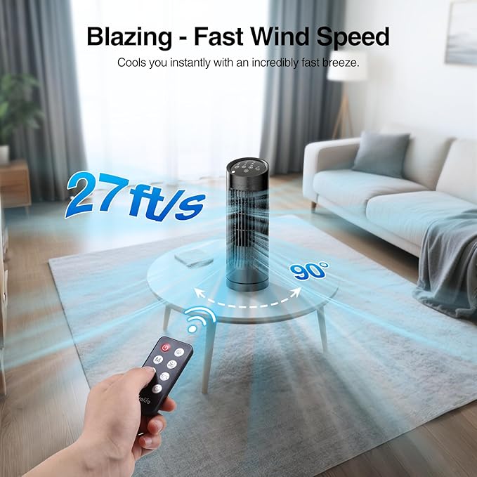 VCK 13'' Tower Fan for Bedroom,27ft/s Velocity Quiet Floor Fan,90° Bladeless Fan for Indoors with 3 Speeds,3 Modes,Oscillating Fans for Indoors,Portable Desk Table Fans for Room, Home,Office
