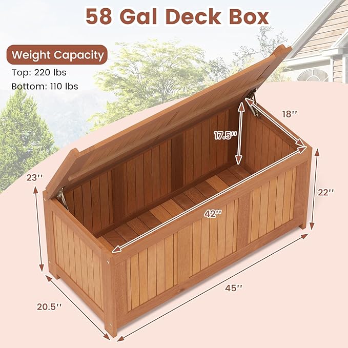 Tangkula 58 Gallon Wood Deck Box, 3-in-1 Patio Storage Bench Stool w/Flip Top for Cushions, Pool Supplies, Gardening Tools, Outdoor Container Chest for Garden, Backyard, Poolside