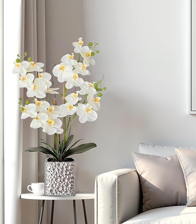 Orchid Artificial Flowers with Sliver Vase Large Silk Faux Phalaenopsis Flowers for Dining Room Table Floral Centerpieces Indoor Decoration,White