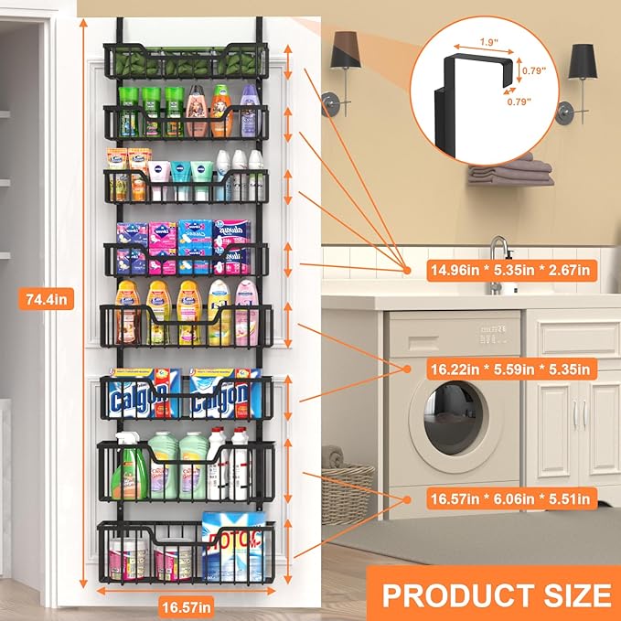Over The Door Pantry Organizer, 8-Tier Pantry Door Organizer Shelves | 3 Sizes | Adjustable Basket | Metal Hanging Spice Rack for Kitchen, Pantry, Cabinet, Back of Door Seasoning Rack, Black