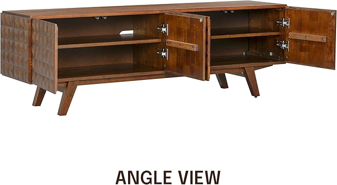 NTC Sapa Mid-Century Modern Solid Wood TV Stand 4-Door Media Console with Carved Geometric Fronts for TVs up to 75", Effortless Assembly, Dark Walnut