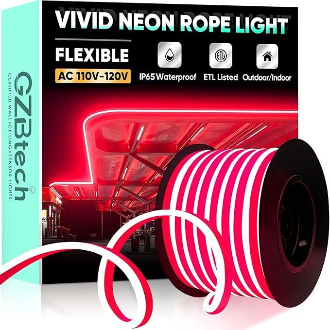 GZBtech Flexible LED Neon Rope Lights 66FT,AC 110-120V Waterproof Strip Light, 120 LEDs/M Cuttable Connectable Neon Lighting for Indoor Outdoor Home Decor/Commercial Building Use-Red 20M