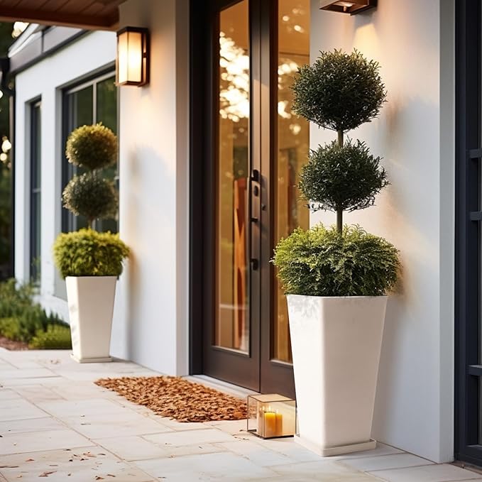 LA JOLIE MUSE 26 inch White Tall Planters for Outdoor Plants,Set of 2 Large Planters for Indoor Plants,V Shaped Tree Planters for Front Door, 26'' White With Tray