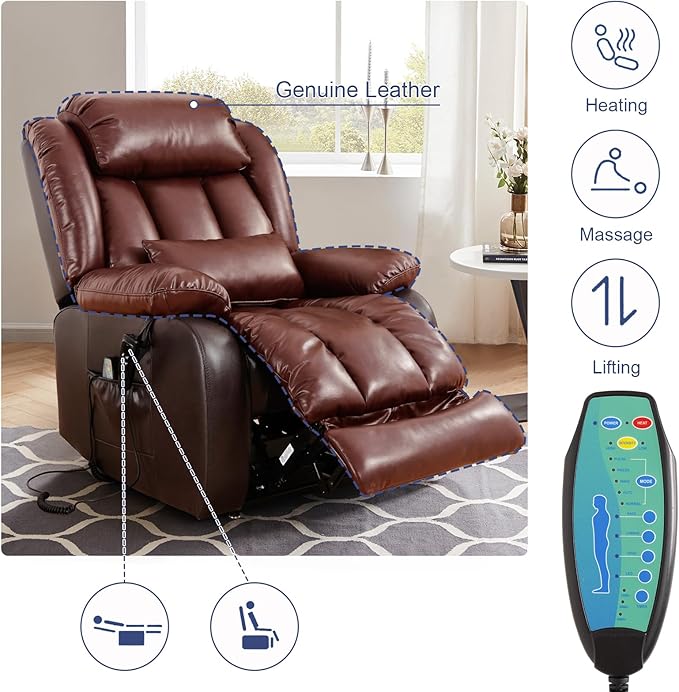 MAEVIS Large Genuine Leather Lift Chairs, Dual Motor Lift Chiars Recliner for Elderly,Extended Footrest and Lumbar Pillow for Tall Man,with Heat and Massage, USB and Type-C Ports(Brown)