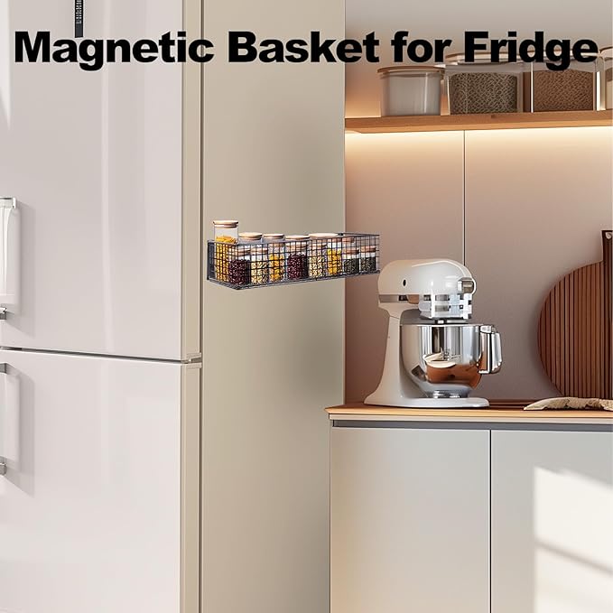 Magnetic Basket, Magnetic Shelf for Fridge,Magnetic Spice Rack Wire Mesh Magnetic organizer Holder Accessories for Office Kitchen Classroom Storage, Black-High, 13.77" x 5.11" x3.26"