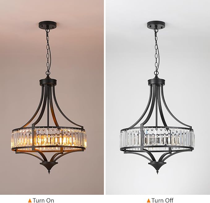 Modern Black Crystal Chandelier, 20 Inch Large Ceiling Pendant Light Fixture with 50'' Adjustable Hanging Chain, 5-Light Farmhouse Chandelier for Dining Room, Living Room, Bedroom, Entryway