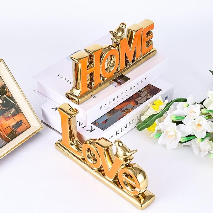 Love Sign Decoration - Orange & Gold Signs for Home Decor, Personalized Love Decor with Gold Bird Sculpture (2 Pcs)