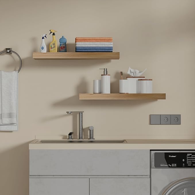 IAE Floating Wall Shelves 16 inch,Bathroom Shelves Wall Mounted,Invisible Shelves Floating Kitchen Shelves,Wooden Wall Shelves with Brackets for Living Room Wall Mounted,Easy Install,Set of 2,Natural