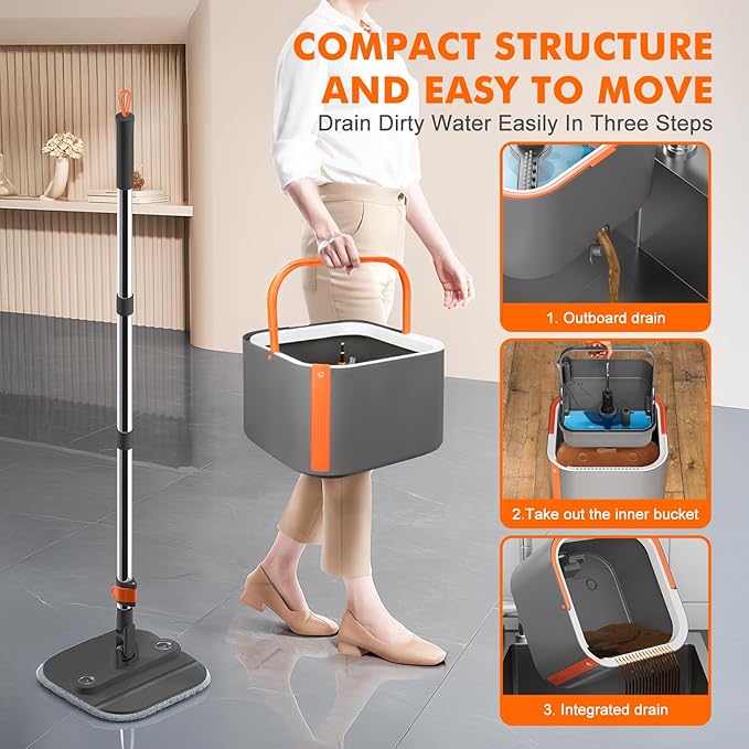 Upgraded Spin Mop and Bucket Self-Standing Mop Bucket Separate Dirty and Clean Water System Self Wringing 360° Rotating Clean Mop and Bucket Set (Drak Gray, 14Pads Mop and Bucket Set)