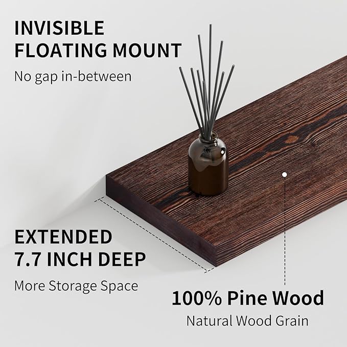 SAUMONIERES Floating Shelves 8 Inch Deep Solid Wood Wide Wall Shelf Set of 2 Wall Mounted for Bedroom Bathroom Living Room Kitchen, 36 Inch Walnut