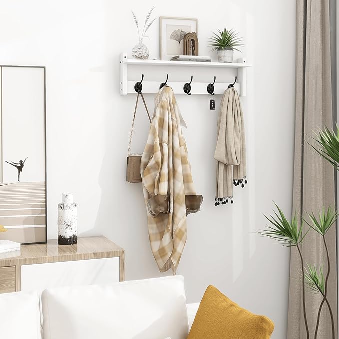 Homode Coat Rack with Wall Shelf and Hooks - 24 Inch Long, Wooden Hanging Coat Hanger with Hat Shelf for Entryway, Bathroom, Mudroom, White