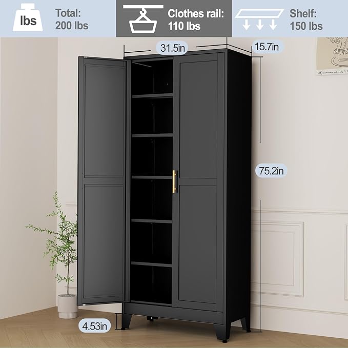 Black Metal Storage Cabinet,75" Steel Cabinets for Home Office, Kitchen Pantry Storage Cabinet with Doors and 5 Adjustable Shelves, Tool Cabinets, for Office, Home, Garage, School