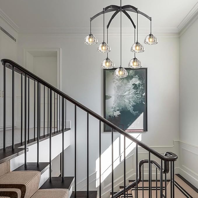 Modern Crystal Chandeliers, Black Round Chandelier for Dining Room, Large Arc Chandelies for Living Room, 7-Light Dining Room Light Fixture 34" Pendant Light Chandelier for Staircase Bedroom