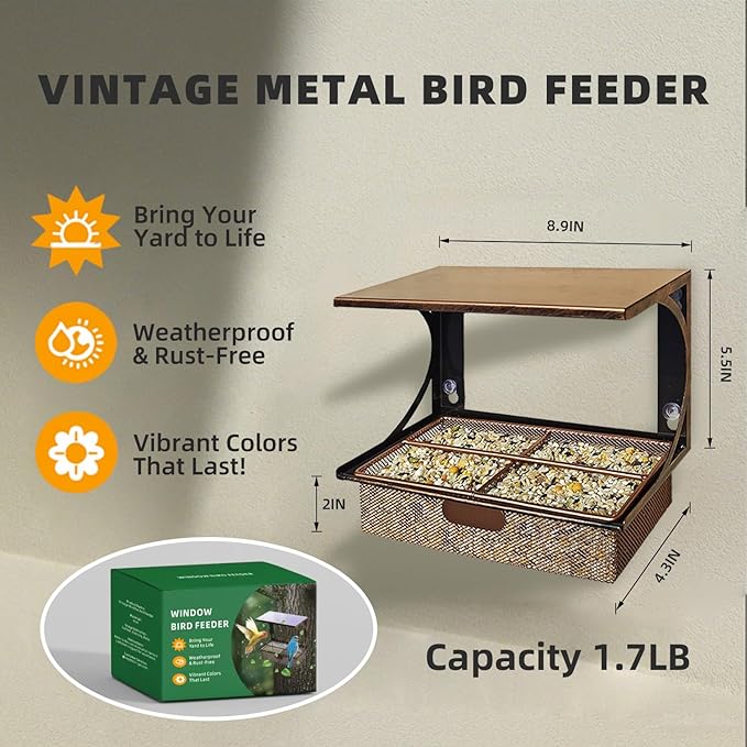 Window Bird Feeder with Strong Suction Cups, Metal Bird Feeders for Outdoors Birdwatching Gifts for Cats & Nature Lovers