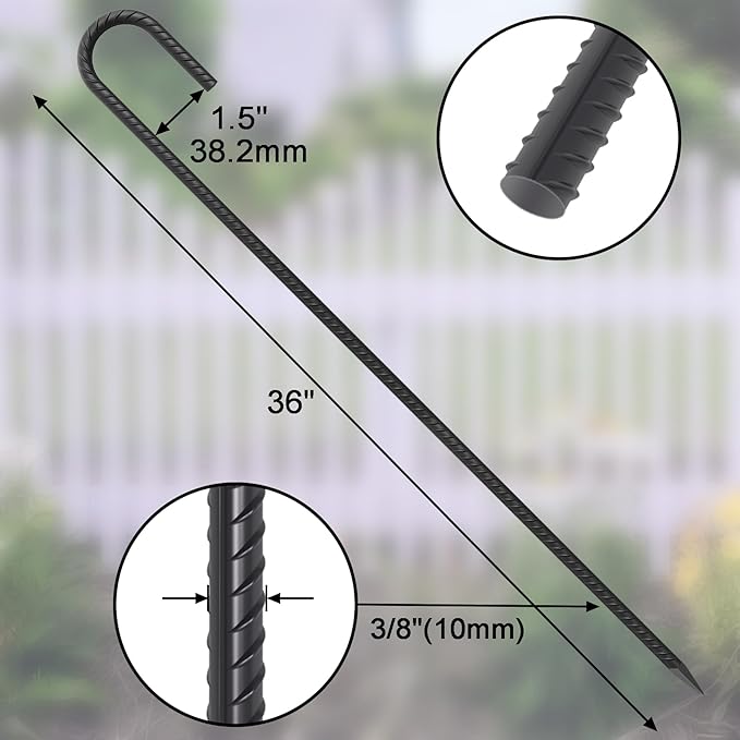 J Hook Rebar Stakes 36 Inch 3/8 Inch Diameter Steel Tent Stakes Heavy Duty Chain Link Fence Stakes Trampoline Stakes with Chisel Point End Metal Stakes for Ground, Canopy Swing Set, Black (16 Pcs)
