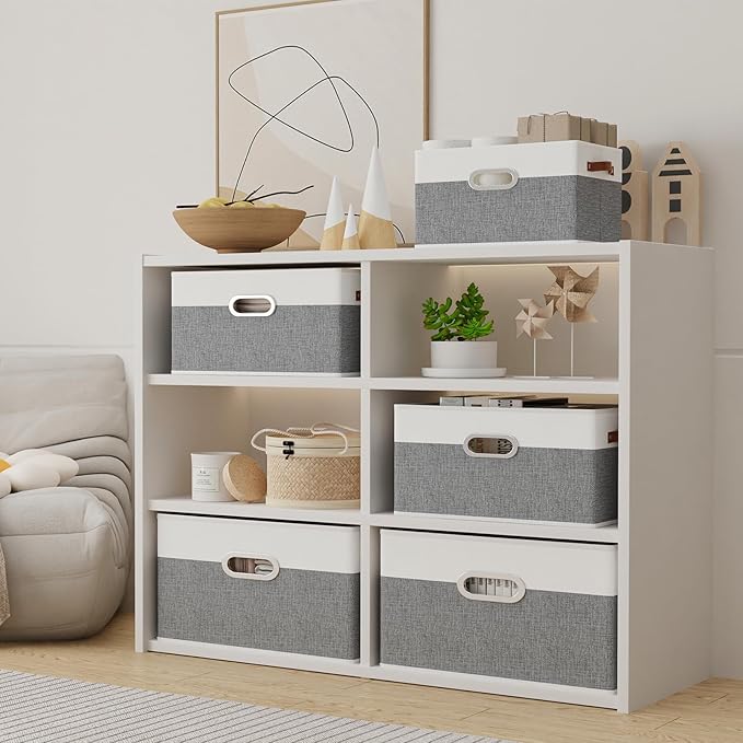 Yawinhe Fabric Storage Bins with Handles, Foldable Baskets for Shelves, Cubes with 3 Handles, Large Boxes for Clothes, White/Grey, 16.9''Lx11.8''Wx10.2''H, 6-Pack