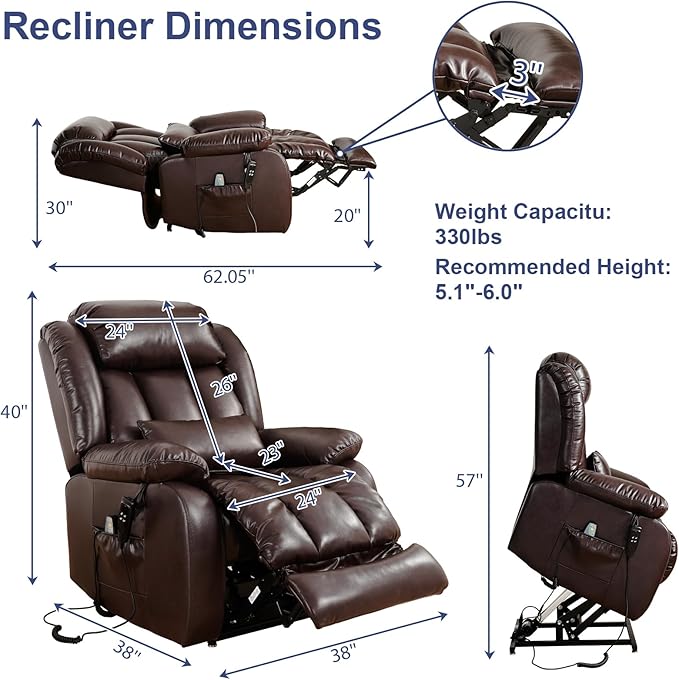 MAEVIS Large Genuine Leather Lift Chairs, Dual Motor Lift Chiars Recliner for Elderly,Extended Footrest and Lumbar Pillow for Tall Man,with Heat and Massage, USB and Type-C Ports(Brown)