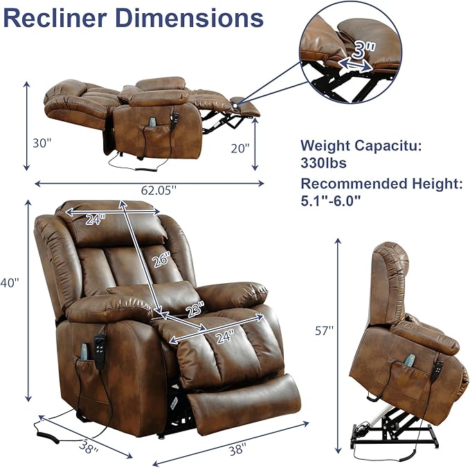 MAEVIS Large Genuine Leather Power Lift Chairs, Dual Motor Recliner for Elderly,Extended Footrest and Lumbar Pillow for Tall Man,with Heat and Massage, USB and Type-C Ports(Ochre)