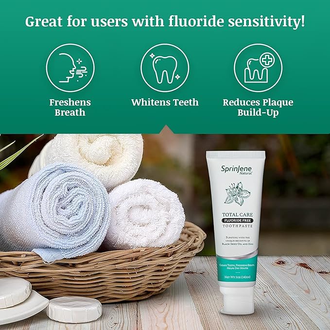 SprinJene Natural Total Care Fluoride Free Toothpaste for Strong Teeth & Gums - Natural Toothpaste to Soothe Dry Mouth & Freshen Breath | 4 Pack
