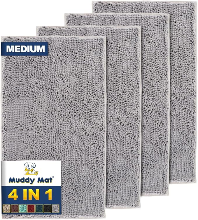 Muddy Mat® 4-Piece Grey Medium 30"X19" AS-SEEN-ON-TV Highly Absorbent Microfiber Door Mat, Bath Mat and Pet Rug, Non Slip Thick Washable, Soft Chenille for Kitchen Bathroom Bedroom Indoor and Outdoor