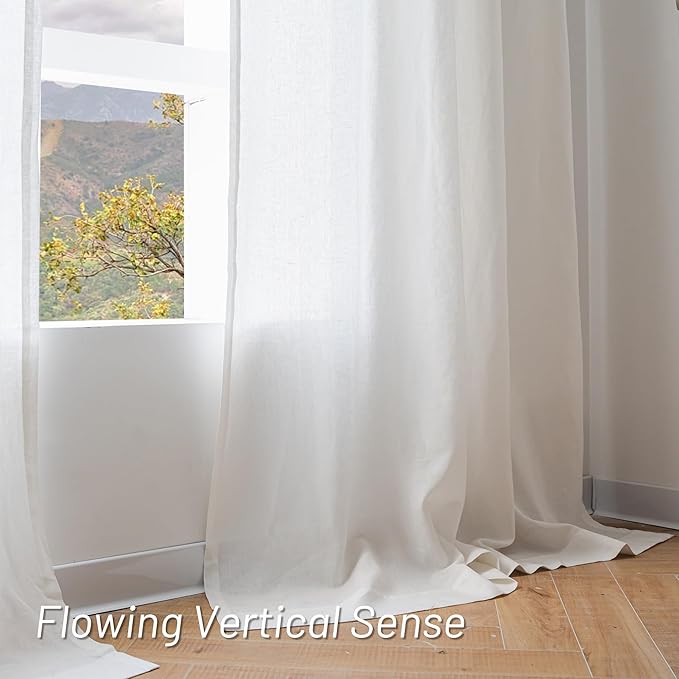 MYSKY HOME White Linen Curtains for Living Room, 100% Linen Natural Semi Sheer Curtains & Drapes 84 inches Length 2 Panels Farmhouse Country Light Filtering Bedroom Window Rod Pocket, 50" Wide, White