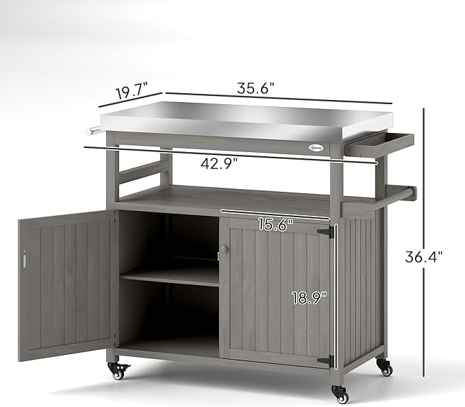 Outsunny Outdoor Grill Cart with Wheels and Storage, Solid Wood Outdoor Kitchen Island with Stainless Steel Top, Movable Bar Cart with Spice Rack, Side Handle, Integrated Hole for BBQ, Gray