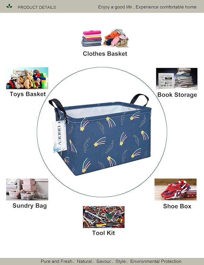 Rectangular Folding Laundry Basket,waterproof Canvas Basket,gift basket,Suitable for children's room,Office,Clothes,Toys Storage（Blue Meteor)
