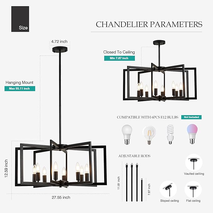 Modern Farmhouse Black Chandeliers for Dining Room, 8-Light Industrial Metal Chandeliers Geometric Pendant Lights Kitchen Island for Entryway Stairway Foyer Hallway