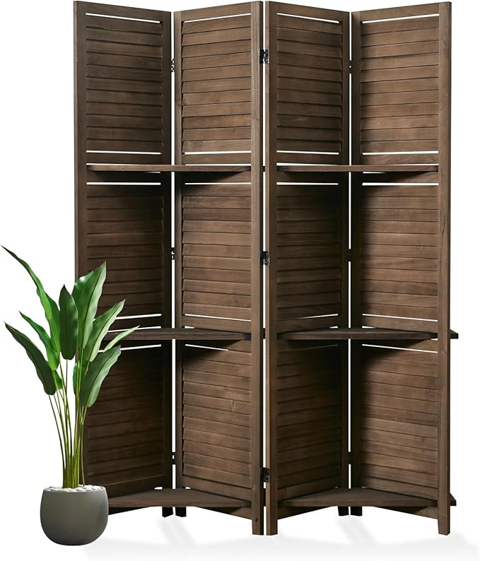 Room Divider with Shelves, 5.6 Ft Tall Folding Wood Screen with Double Hinges for Home Office Bedroom Hotel Decoration (4 Panels, Brown)