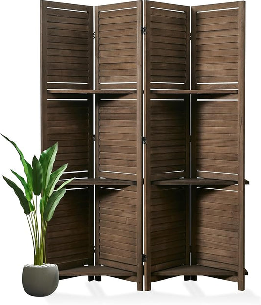 Room Divider with Shelves, 5.6 Ft Tall Folding Wood Screen with Double Hinges for Home Office Bedroom Hotel Decoration (4 Panels, Brown)