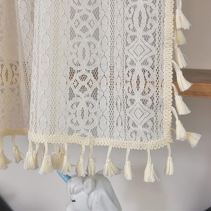 Sutuo Home Boho Sheer Curtain Valance Crochet Lace with Bohemian Hollow Knitted Handmade Tassels, Short Rustic Window Treatment for Kitchen Cafe, Rod Pocket, 1 Panel 59" W x 18" L, Beige