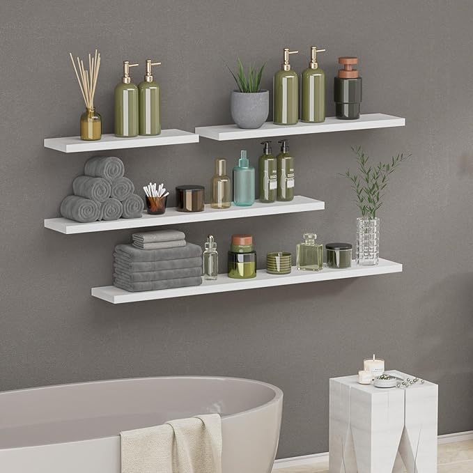 SAUMONIERES Floating Shelves 8 Inch Deep Solid Wood Wide Wall Shelf Set of 1 Wall Mounted for Bedroom Bathroom Living Room Kitchen, 48 Inch White