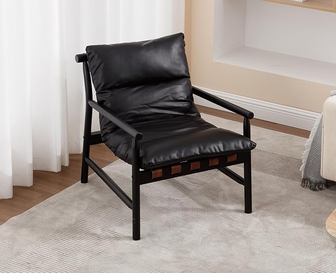 Kmax Modern Sling Accent Chairs Set of 2 Upholstered PU Leather Living Room Chairs Solid Wood Frame Arm Chairs Comfy Lounge Chairsfor Bedroom, Reading Room, Black