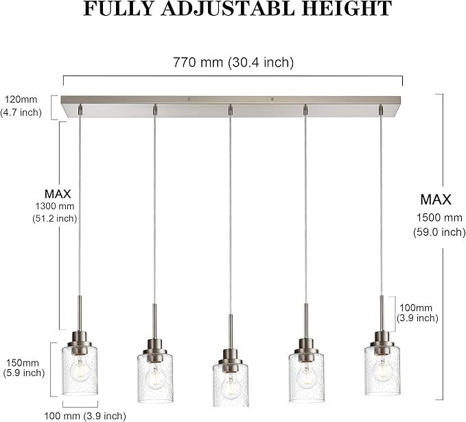 Lighting Contemporary Brushed Nickel Linear Chandelier Pendant Light 5 Lights Clear Seeded Glass Farmhouse Pendant Lighting Modern Dining Room Light Fixture for Living Room Kitchen Island