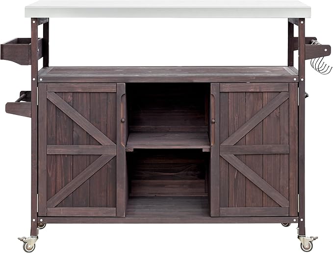 Farmhouse Solid Wood Grill Table with Stainless Steel Top, Outdoor Rolling Bar Cart & Storage Cabinet with Spice & Towel Rack, Outdoor Kitchen Island with Internal Storage Rack, Dark Brown
