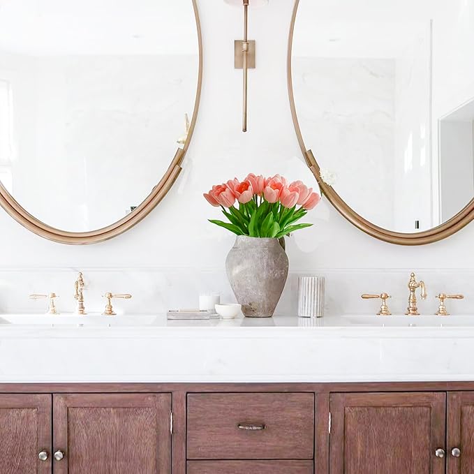 Mandy's Artificial Tulips 12 Stems Light Pink Partially Open PU Faux Flowers for Wedding Home Decor 13.5 Inch