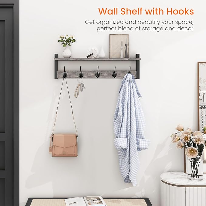 Homode Wall Hooks With Shelf, 24 Inch Coat Rack Wall Mount for Entryway, Clothes, Backpack, Key, Purse - Floating Shelf Hanging in Bathroom, Bedroom, Hallway, Rustic Grey